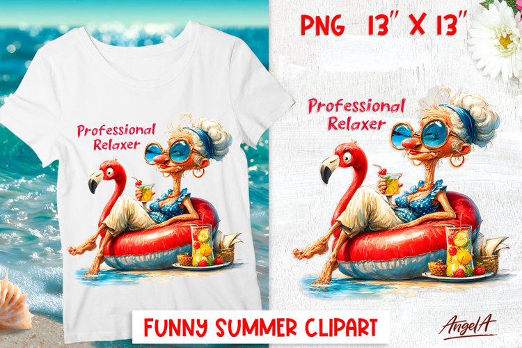 Summer sea vacation clipart Elderly lady with wine Flamingo