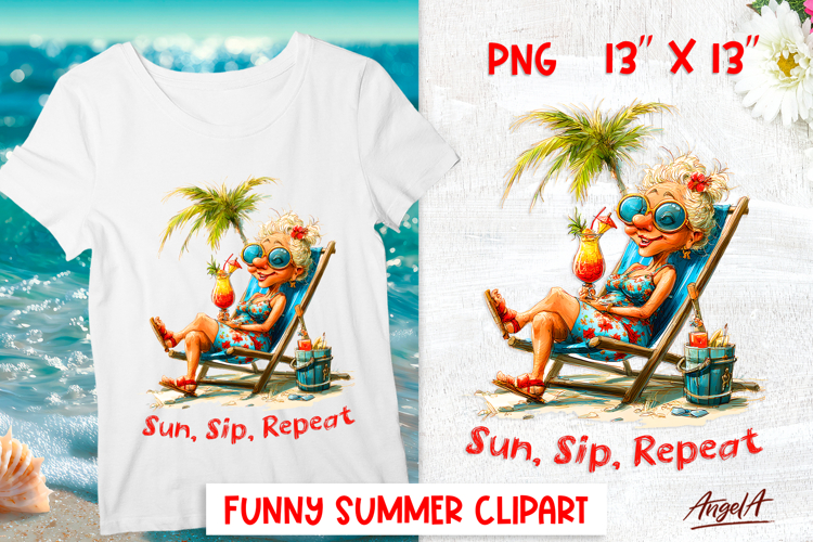 Summer vacation clipart Elderly lady, cocktail Relax quote