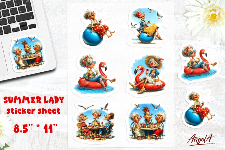 Summer stickers Vacation sticker sheet Elderly Lady on sea