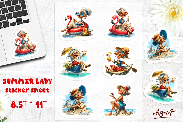 Summer stickers Vacation sticker sheet Elderly lady Grandma