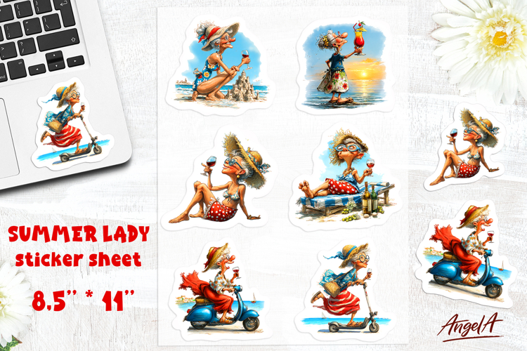 Summer stickers Vacation sticker sheet Lady drinking wine