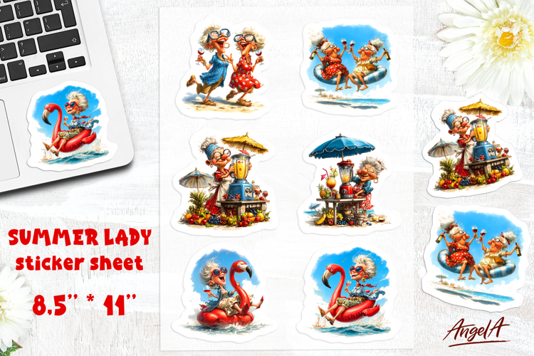 Summer stickers Vacation sticker sheet Funny elderly Lady