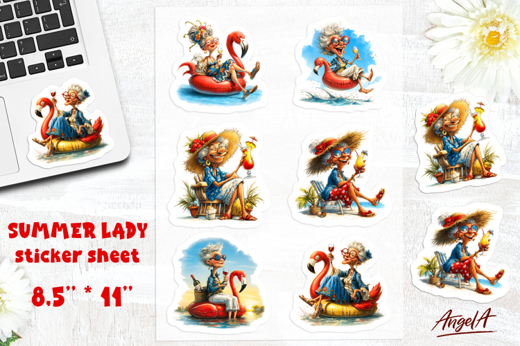 Summer stickers Vacation sticker sheet Funny elderly Lady