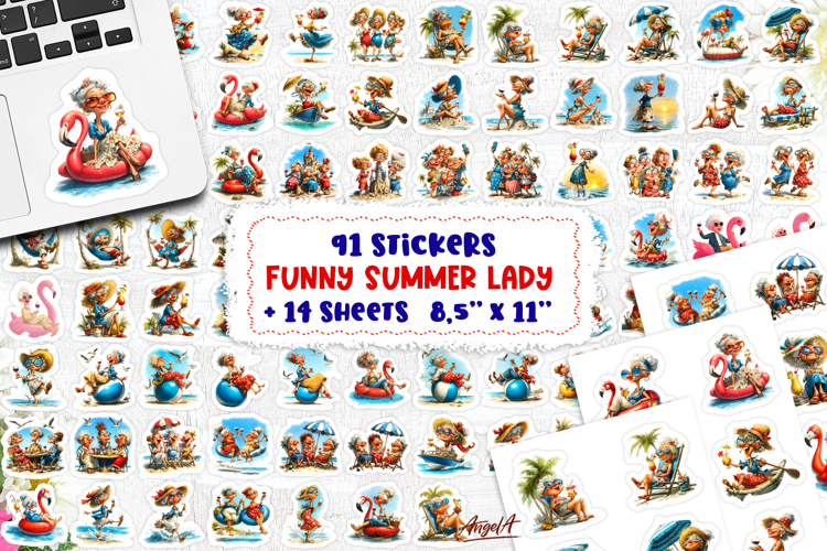 Summer Stickers Bundle Vacation sticker sheet Elderly Lady