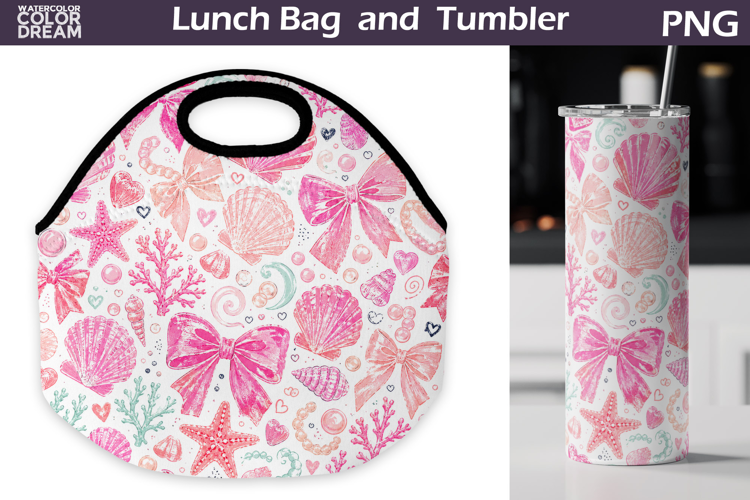 Seashell Pink Bow Lunch bag | Summer Beach Tumbler Wrap