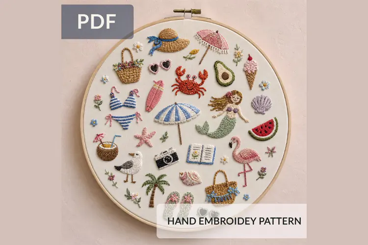 Summer Beach Embroidery Pattern PDF, Mermaid Hoop Design