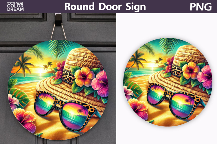 Tropical Beach Hat Door Sign | Summer Sunset Round Decor