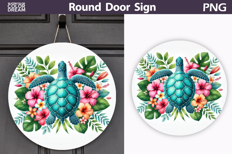 Sea Turtle Tropical Door Sign | Hibiscus Summer Round Decor
