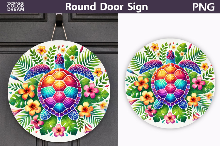 Colorful Sea Turtle Door Sign | Tropical Floral Round Decor