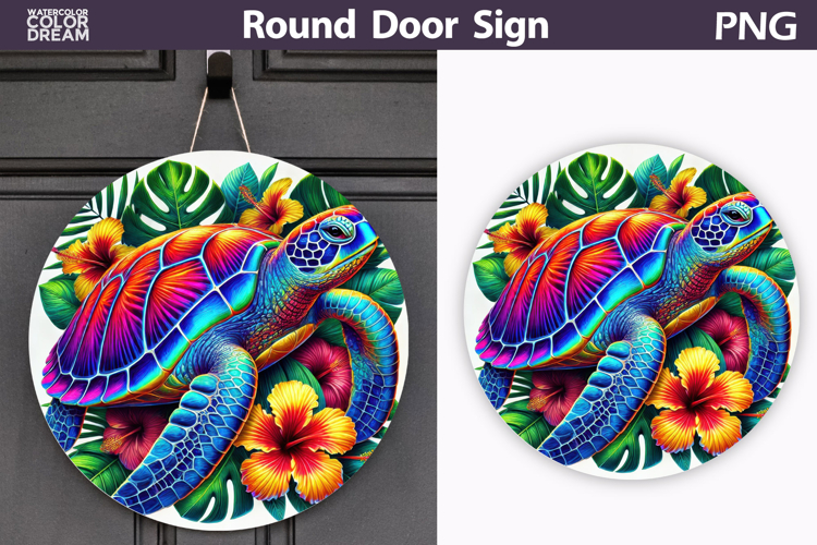 Tropical Sea Turtle Door Sign | Hibiscus Beach Round Decor