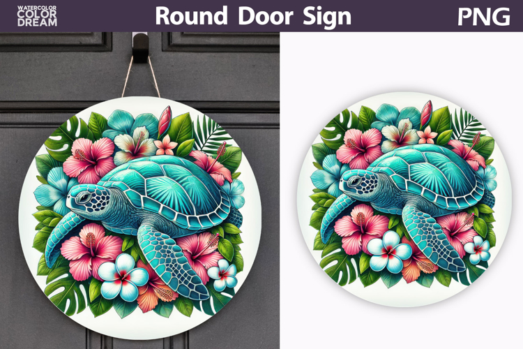 Tropical Sea Turtle Floral Sign | Beach Door Round Decor