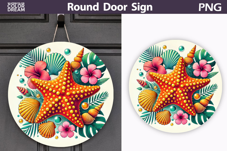 Tropical Starfish Beach Sign | Coastal Round Door Decor