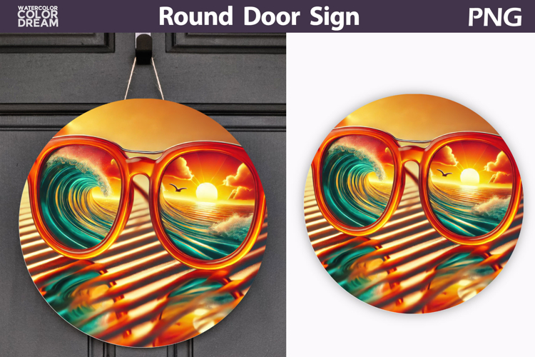 Sunset Wave Sunglasses Sign | Tropical Beach Round Decor