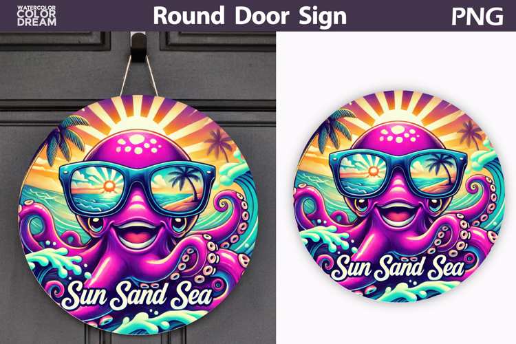 Sun Sand Sea Octopus Sign | Tropical Beach Round Decor