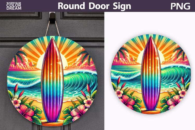 Rainbow Surfboard Beach Sign | Tropical Sunset Round Decor