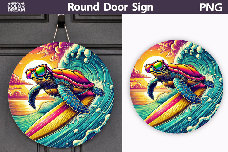 Surfing Sea Turtle Sign | Tropical Beach Round Decor