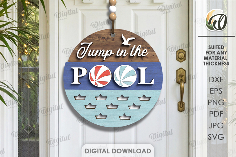 3D Summer Round Sign Laser Cut. Jump in the pool SVG