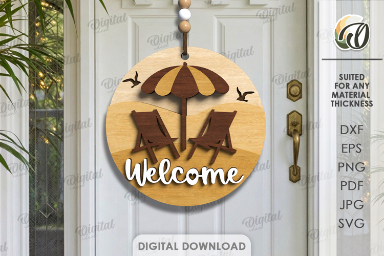 3D Summer Round Sign Laser Cut. Welcome SVG. Beach