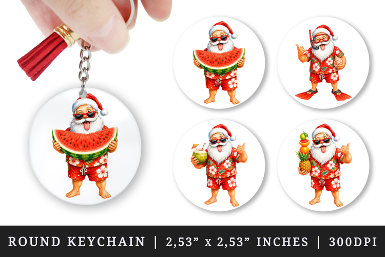 Summer Santa round keychain pintable sublimation design png