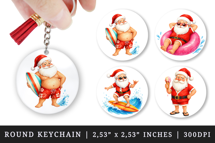 Summer Santa round keychain pintable sublimation design png