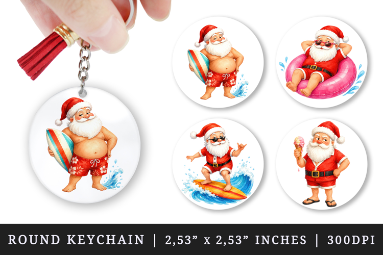 Summer Santa round keychain pintable sublimation design png