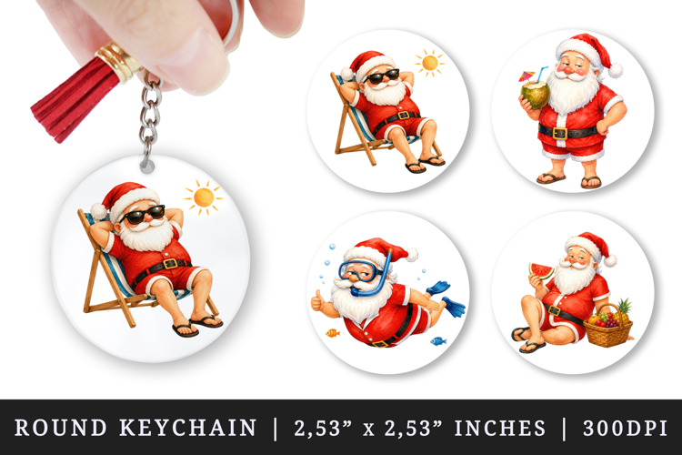 Summer Santa round keychain pintable sublimation design png