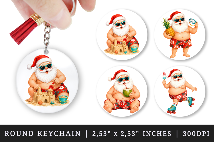 Summer Santa round keychain pintable sublimation design png