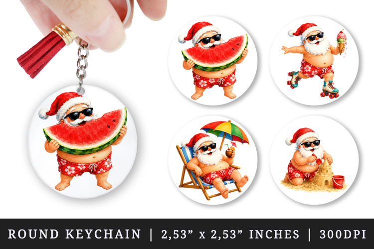 Summer Santa round keychain pintable sublimation design png