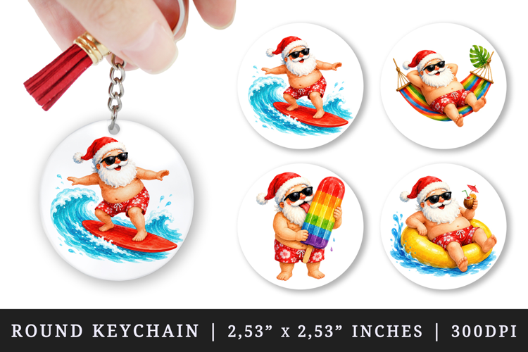 Summer Santa round keychain pintable sublimation design png