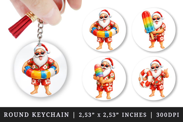 Summer Santa round keychain pintable sublimation design png