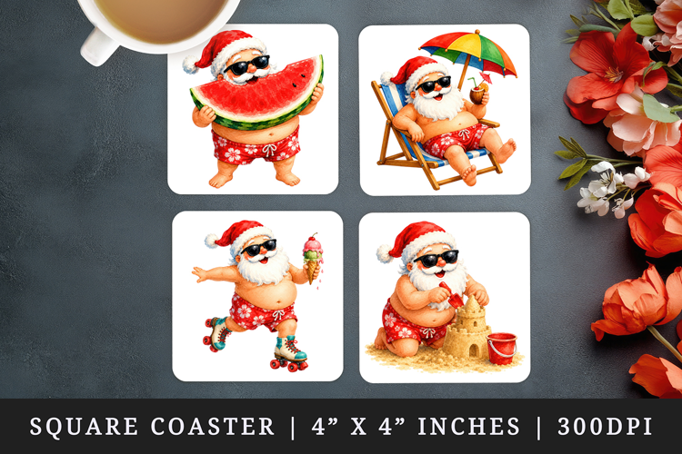 Summer Santa square coaster sublimation, coasters design