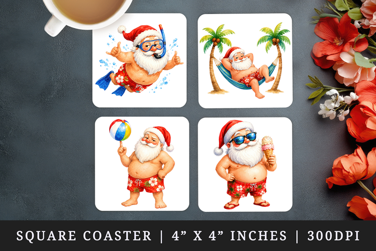 Summer Santa square coaster sublimation, coasters design