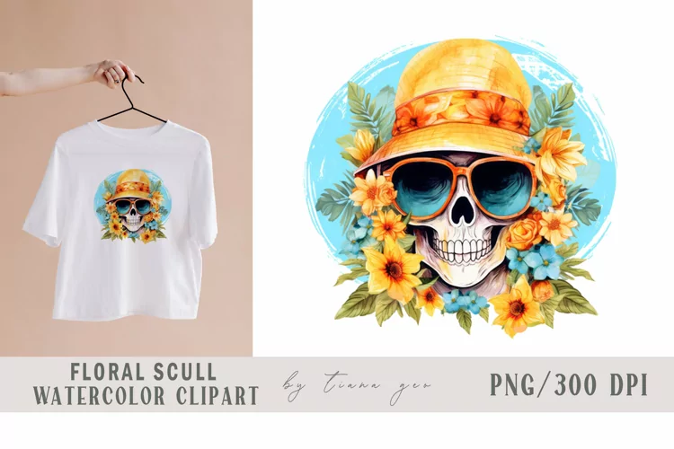 Floral summer skull with flower bouquet clipart- 1 png file