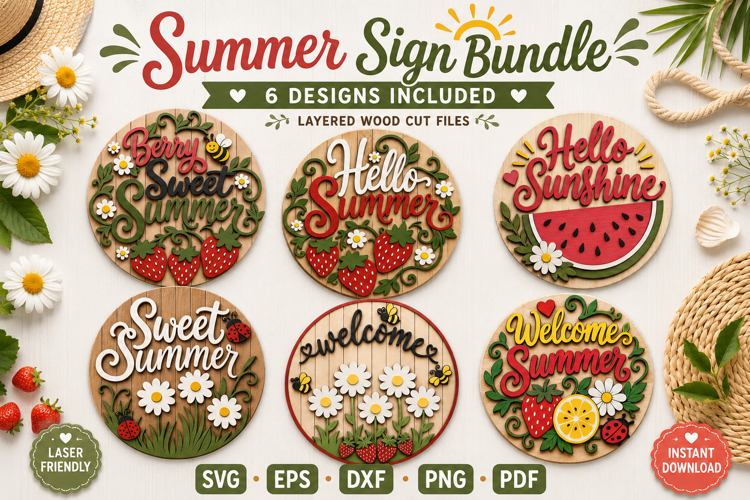 Summer Door Hanger SVG | Laser Cut Round Porch Sign Bundle