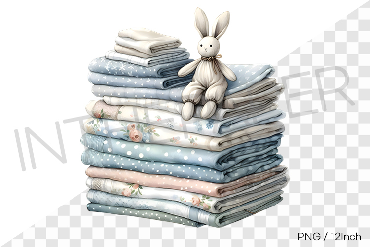 Cute bunny plush toy blue summer fabric stack PNG linen art