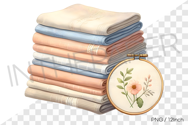 Embroidery hoop apricot tone summer fabric stack PNG linen