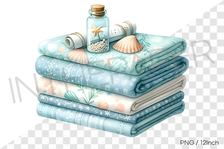 Mint sea shell and glass bottle summer fabric stack PNG art