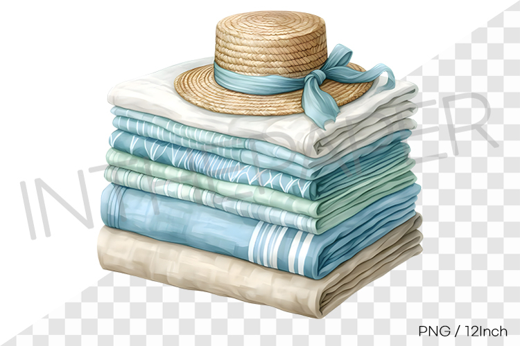 Blue ribbon panama hat summer fabric stack PNG linen clipart