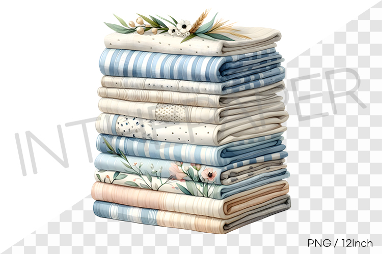 Soft blue floral pattern summer fabric stack PNG cloth art