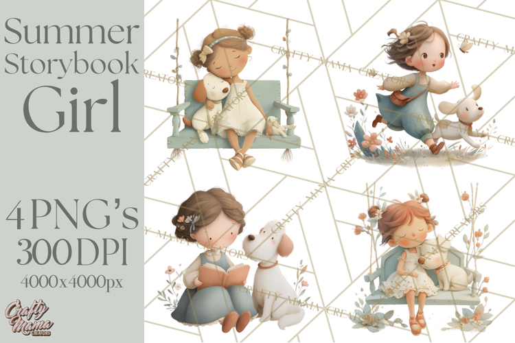 Little Girl Summer Clipart, Vintage Storybook Girl PNG