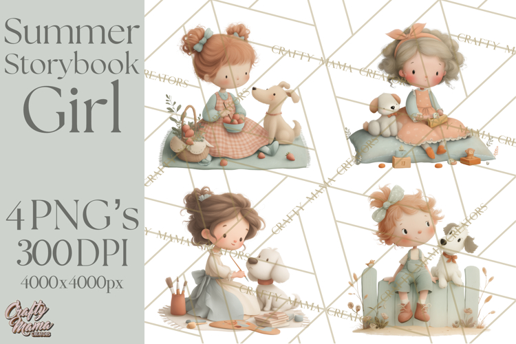 Little Girl Summer Clipart, Vintage Storybook Girl PNG