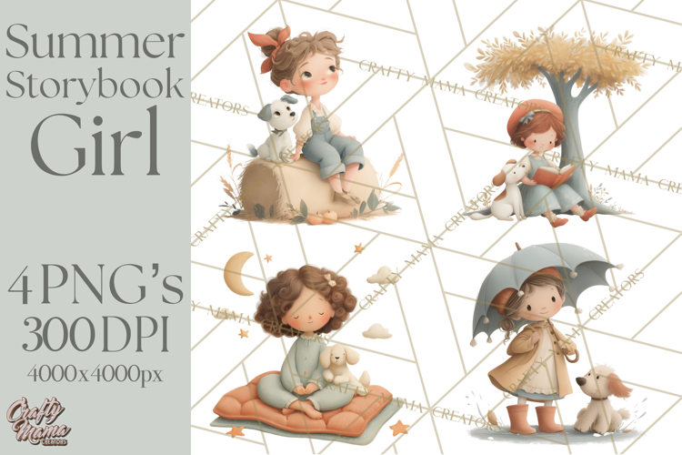 Little Girl Summer Clipart, Vintage Storybook Girl PNG