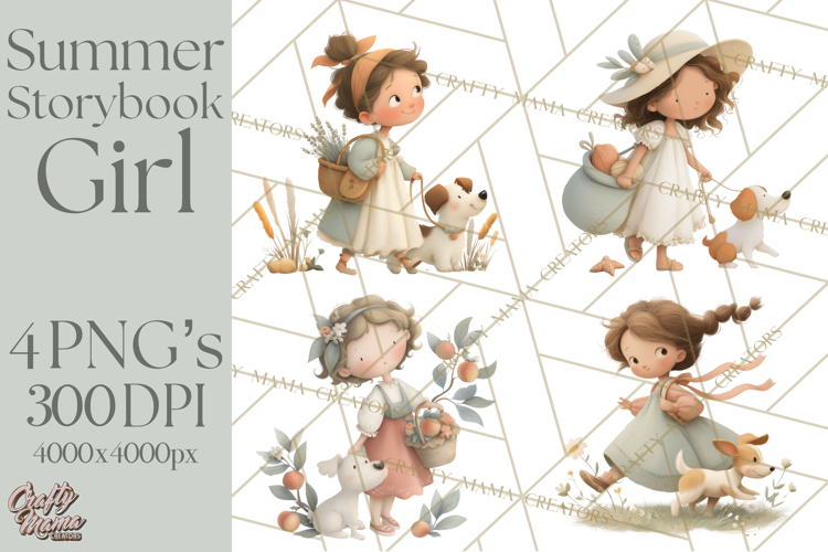 Little Girl Summer Clipart, Vintage Storybook Girl PNG