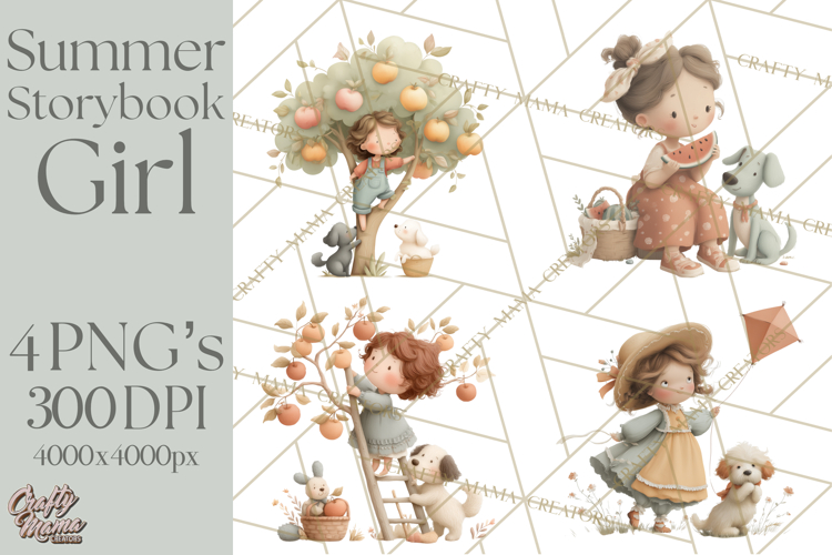 Little Girl Summer Clipart, Vintage Storybook Girl PNG