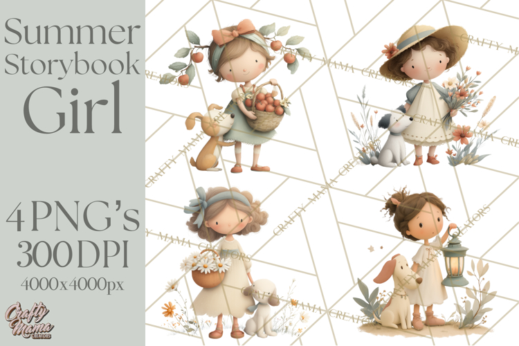 Little Girl Summer Clipart, Vintage Storybook Girl PNG