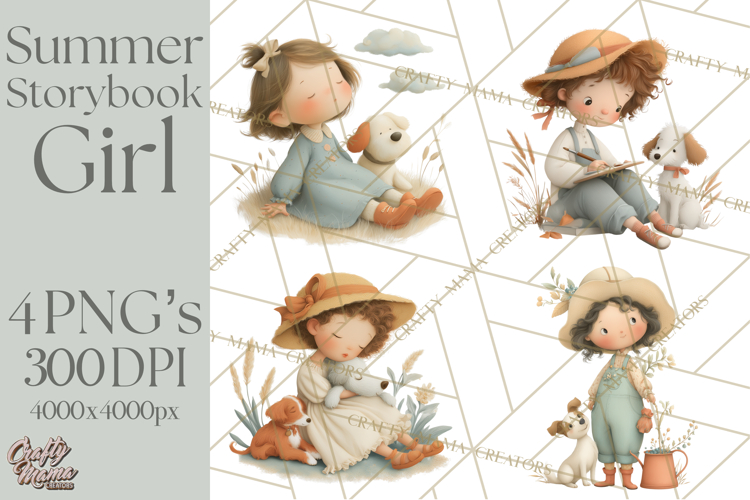 Little Girl Summer Clipart, Vintage Storybook Girl PNG