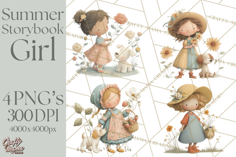 Little Girl Summer Clipart, Vintage Storybook Girl PNG