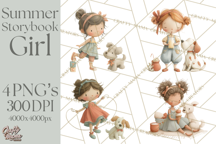 Little Girl Summer Clipart, Vintage Storybook Girl PNG