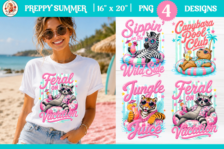 Preppy Summer Animal PNG | Funny Beach T-Shirt Sublimation