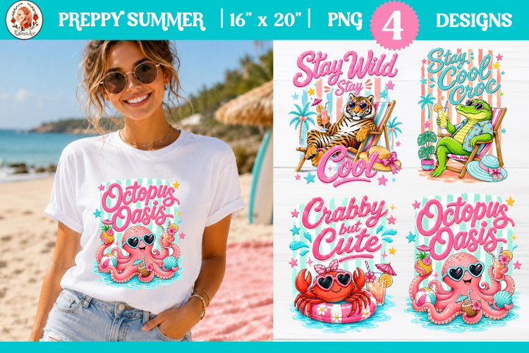 Preppy Summer Animal PNG | Funny Beach T-Shirt Sublimation
